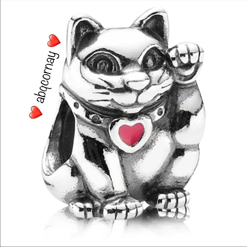 EUC Pandora 790989EN05 Sterling Silver Lucky Cat Animal Bead w/ Red Enamel Charm